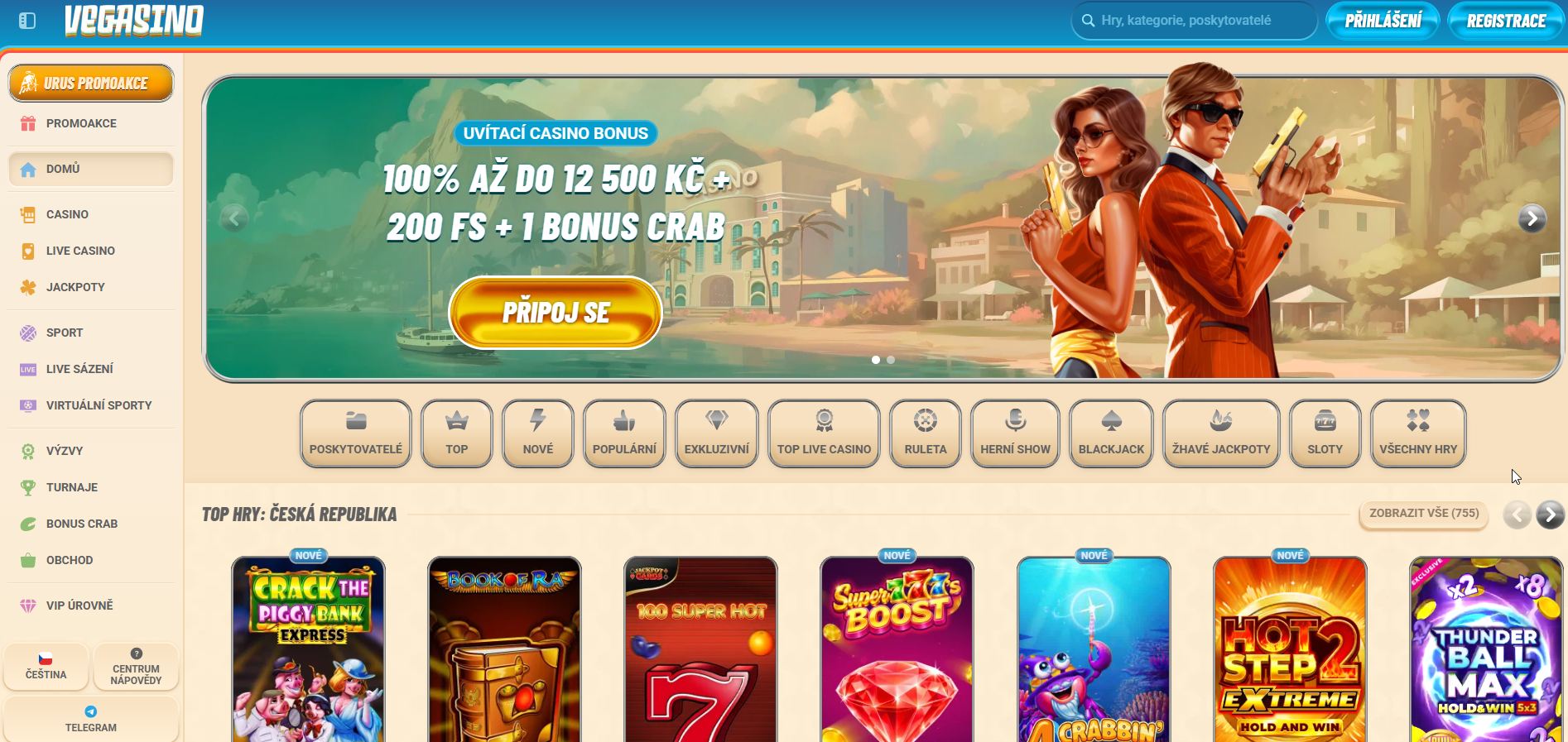 Vegasino rozdává 100% bonus až do výše 12 500 Kč a 200 roztočení zdarma